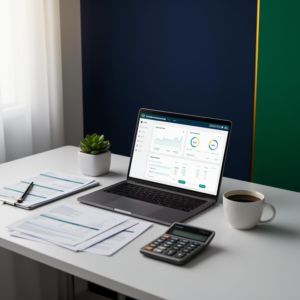 Mesa de trabalho organizada com notebook e documentos do Imposto de Renda